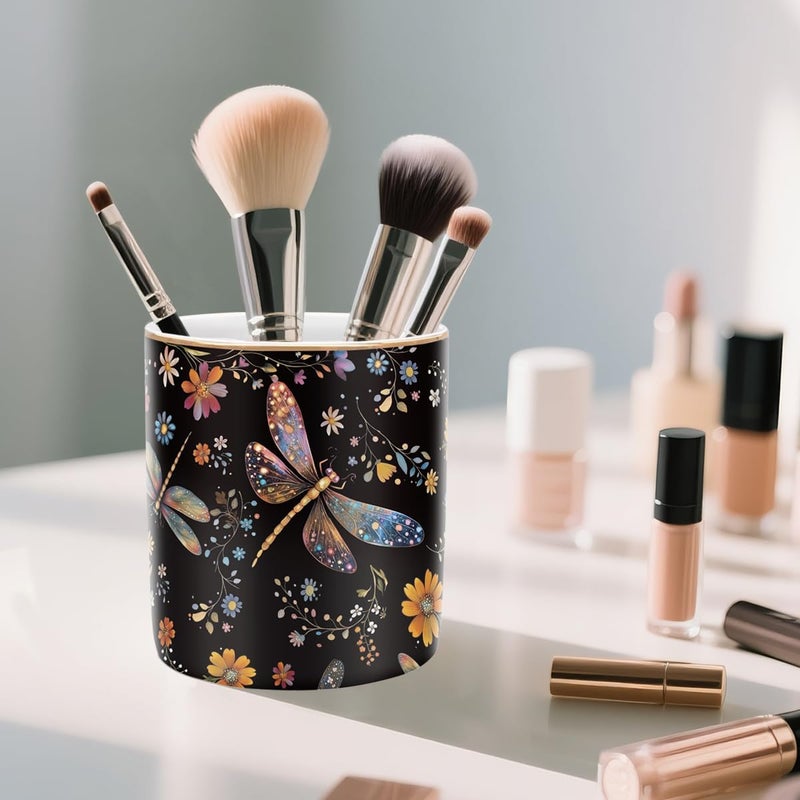 WAVEYU Pen Holder, Pencil Cup for Desk, Cute Makeup Brush Holder, Durable Ceramic Organizer Decor for Room, Office, Classroom, Cute Dragonfly Pattern - Image 4